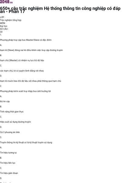 650+ câu trắc nghiệm Hệ thống thông tin công nghiệp có đáp án - Phần 17