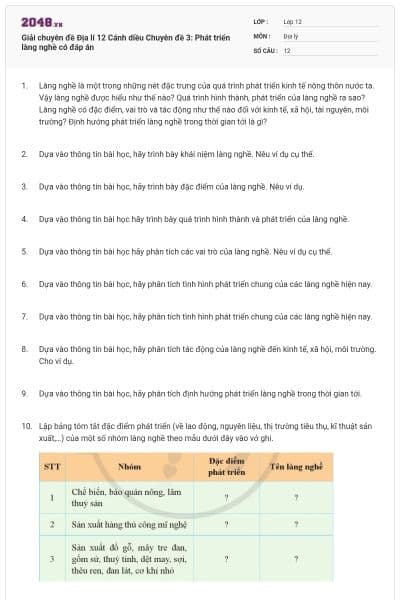Giải chuyên đề Địa lí 12 Cánh diều Chuyên đề 3: Phát triển làng nghề có đáp án