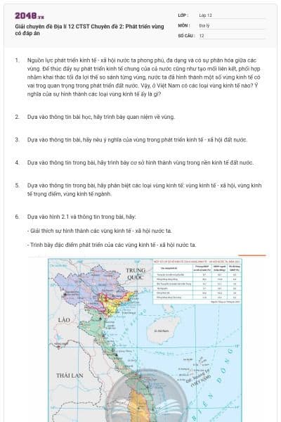 Giải chuyên đề Địa lí 12 CTST Chuyên đề 2: Phát triển vùng có đáp án