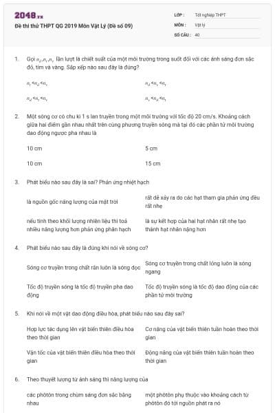 Đề thi thử THPT QG 2019 Môn Vật Lý (Đề số 09)