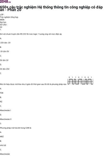 650+ câu trắc nghiệm Hệ thống thông tin công nghiệp có đáp án - Phần 20