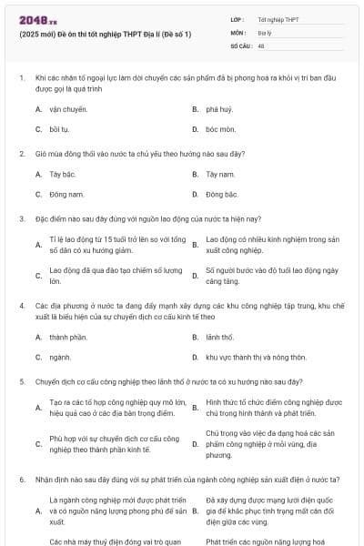 (2025 mới) Đề ôn thi tốt nghiệp THPT Địa lí (Đề số 1)