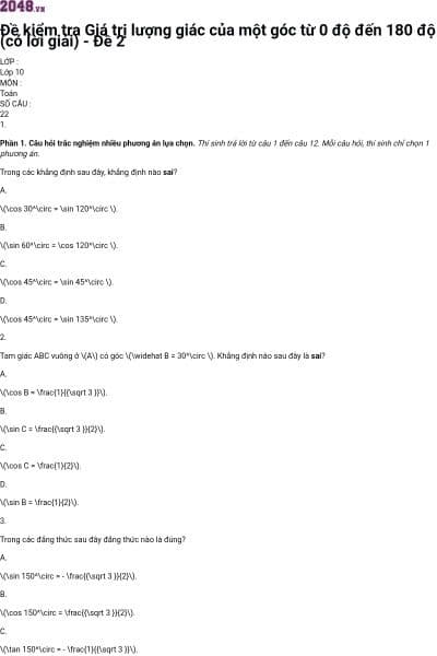 Đề kiểm tra Giá trị lượng giác của một góc từ 0 độ đến 180 độ (có lời giải) - Đề 2