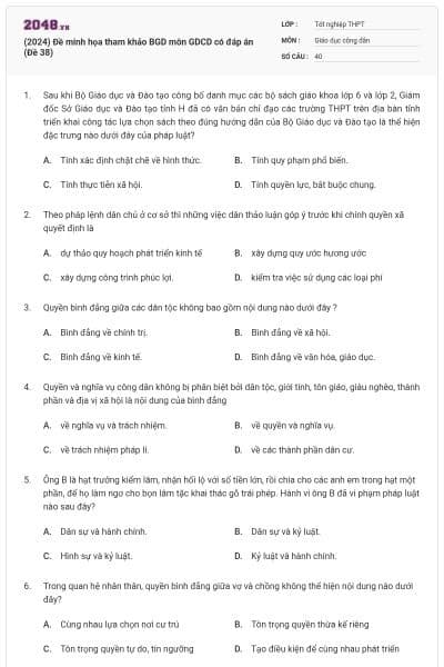 (2024) Đề minh họa tham khảo BGD môn GDCD có đáp án (Đề 38)