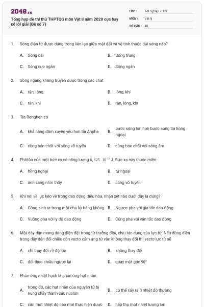 Tổng hợp đề thi thử THPTQG môn Vật lí năm 2020 cực hay có lời giải (Đề số 7)