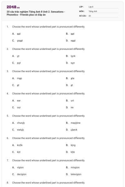 20 câu trắc nghiệm Tiếng Anh 8 Unit 2. Sensations - Phonetics - Friends plus có đáp án