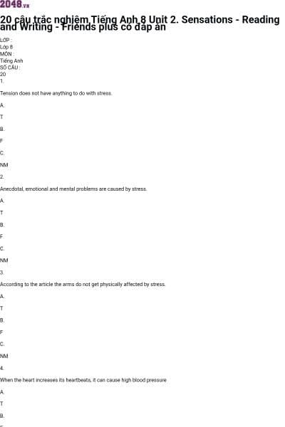 20 câu trắc nghiệm Tiếng Anh 8 Unit 2. Sensations - Reading and Writing - Friends plus có đáp án