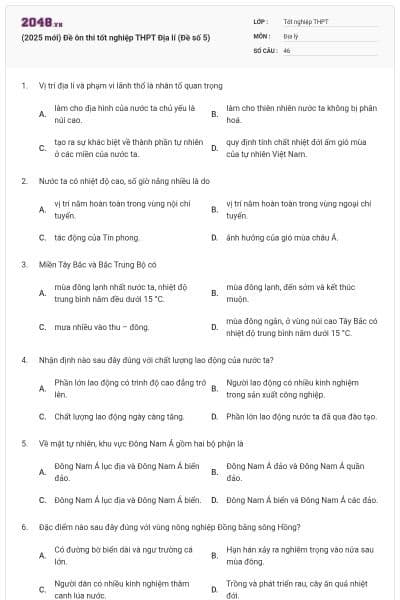 (2025 mới) Đề ôn thi tốt nghiệp THPT Địa lí (Đề số 5)