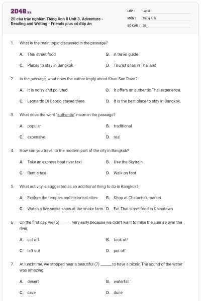 20 câu trắc nghiệm Tiếng Anh 8 Unit 3. Adventure - Reading and Writing - Friends plus có đáp án