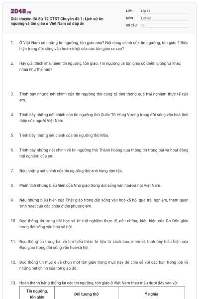 Giải chuyên đề Sử 12 CTST Chuyên đề 1: Lịch sử tín ngưỡng và tôn giáo ở Việt Nam có đáp án