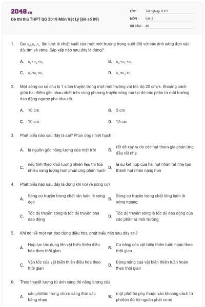 Đề thi thử THPT QG 2019 Môn Vật Lý (Đề số 09)