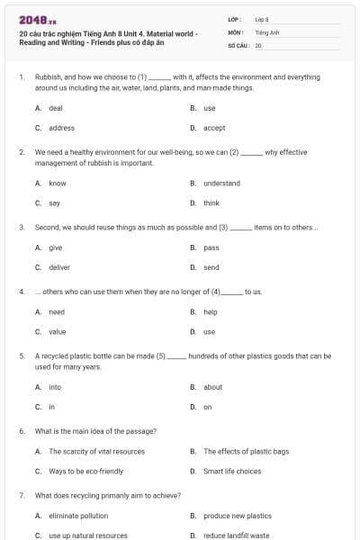 20 câu trắc nghiệm Tiếng Anh 8 Unit 4. Material world - Reading and Writing - Friends plus có đáp án