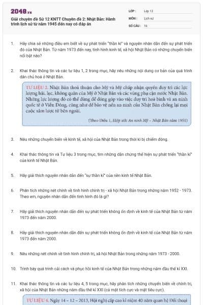 Giải chuyên đề Sử 12 KNTT Chuyên đề 2: Nhật Bản: Hành trình lịch sử từ năm 1945 đến nay có đáp án