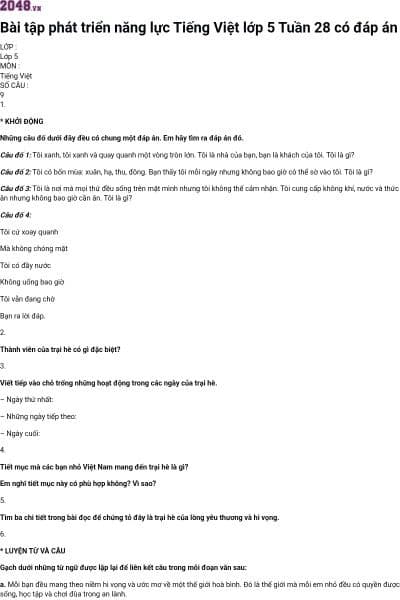 Bài tập phát triển năng lực Tiếng Việt lớp 5 Tuần 28 có đáp án
