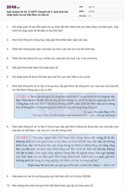 Giải chuyên đề Sử 12 KNTT Chuyên đề 3: Quá trình hội nhập Quốc tế của Việt Nam có đáp án