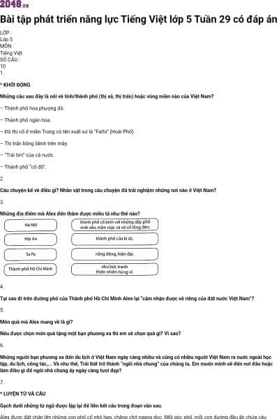 Bài tập phát triển năng lực Tiếng Việt lớp 5 Tuần 29 có đáp án