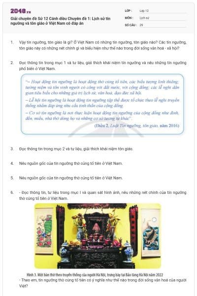 Giải chuyên đề Sử 12 Cánh diều Chuyên đề 1: Lịch sử tín ngưỡng và tôn giáo ở Việt Nam có đáp án