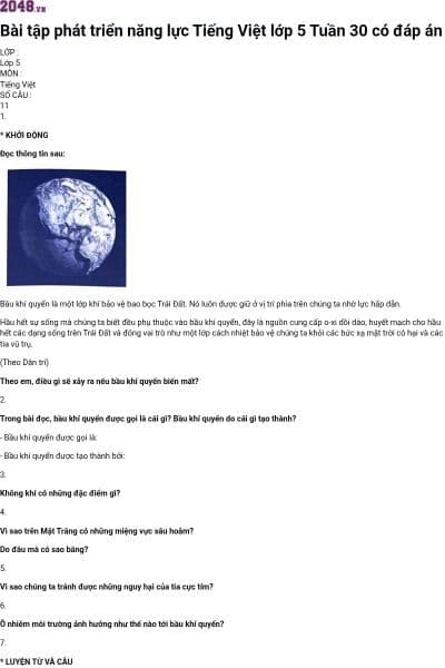 Bài tập phát triển năng lực Tiếng Việt lớp 5 Tuần 30 có đáp án