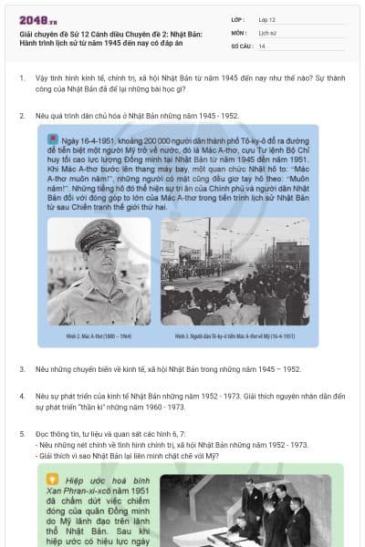 Giải chuyên đề Sử 12 Cánh diều Chuyên đề 2: Nhật Bản: Hành trình lịch sử từ năm 1945 đến nay có đáp án