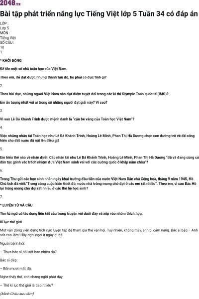 Bài tập phát triển năng lực Tiếng Việt lớp 5 Tuần 34 có đáp án
