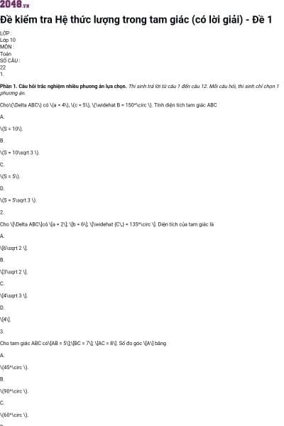 Đề kiểm tra Hệ thức lượng trong tam giác (có lời giải) - Đề 1