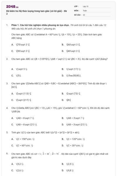 Đề kiểm tra Hệ thức lượng trong tam giác (có lời giải) - Đề 2
