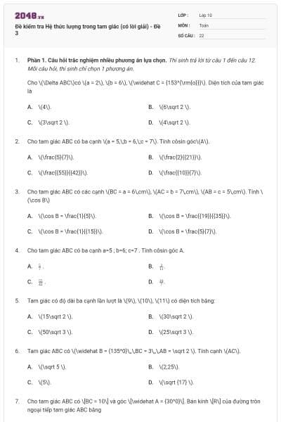 Đề kiểm tra Hệ thức lượng trong tam giác (có lời giải) - Đề 3