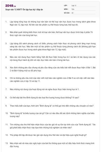 Soạn văn 12 KNTT Ôn tập học kỳ I đáp án
