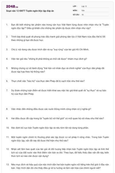 Soạn văn 12 KNTT Tuyên ngôn Độc lập đáp án