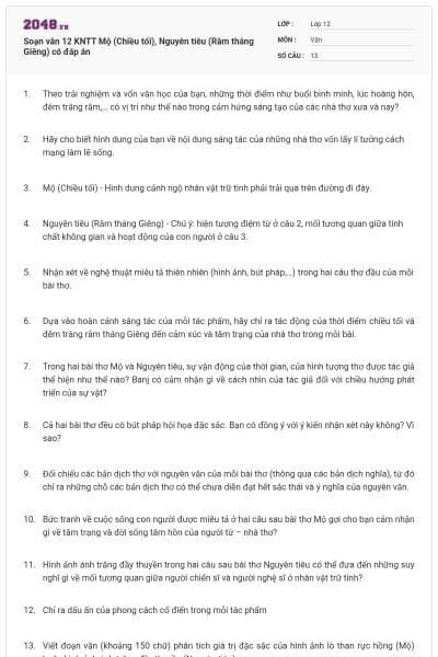 Soạn văn 12 KNTT Mộ (Chiều tối), Nguyên tiêu (Rằm tháng Giêng) có đáp án