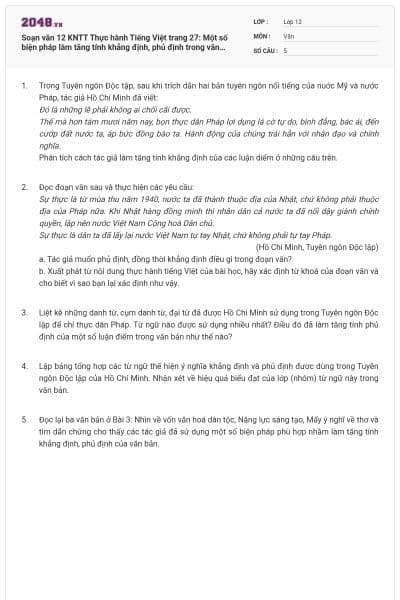 Soạn văn 12 KNTT Thực hành Tiếng Việt trang 27: Một số biện pháp làm tăng tính khẳng định, phủ định trong văn bản nghị luận có đáp án