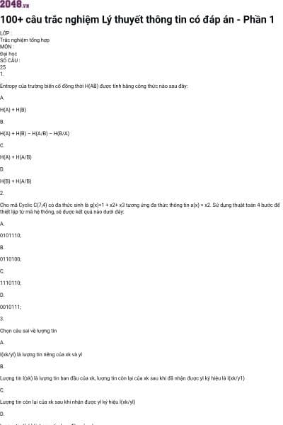 100+ câu trắc nghiệm Lý thuyết thông tin có đáp án - Phần 1