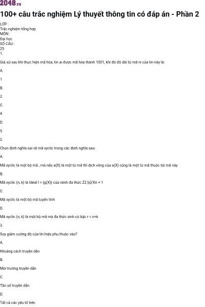 100+ câu trắc nghiệm Lý thuyết thông tin có đáp án - Phần 2