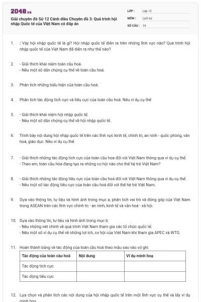Giải chuyên đề Sử 12 Cánh diều Chuyên đề 3: Quá trình hội nhập Quốc tế của Việt Nam có đáp án