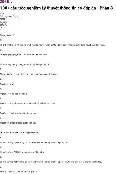 100+ câu trắc nghiệm Lý thuyết thông tin có đáp án - Phần 3