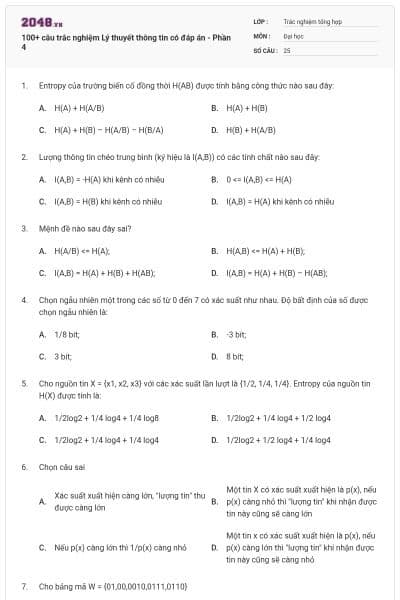 100+ câu trắc nghiệm Lý thuyết thông tin có đáp án - Phần 4