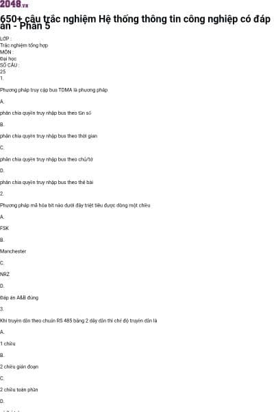650+ câu trắc nghiệm Hệ thống thông tin công nghiệp có đáp án - Phần 5
