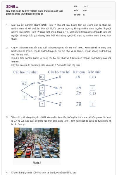 Giải SGK Toán 12 CTST Bài 2. Công thức xác suất toàn phần và công thức Bayes có đáp án