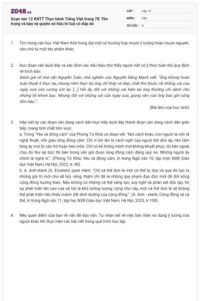 Soạn văn 12 KNTT Thực hành Tiếng Việt trang 78: Tôn trọng và bảo vệ quyền sở hữu trí tuệ có đáp án