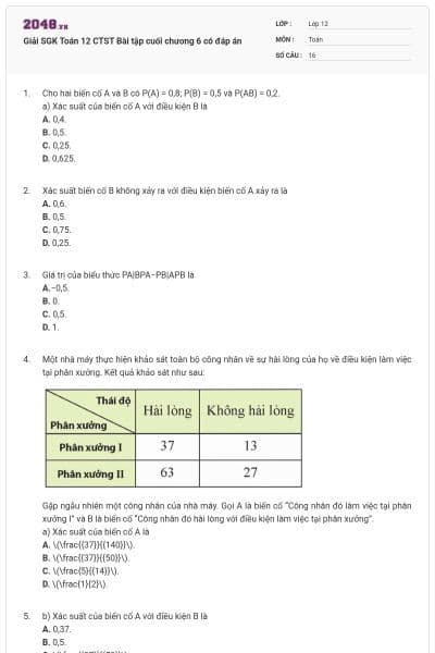 Giải SGK Toán 12 CTST Bài tập cuối chương 6 có đáp án