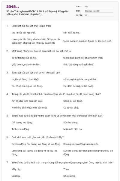 50 câu Trắc nghiệm GDCD 11 Bài 1 (có đáp án): Công dân với sự phát triển kinh tế (phần 1)
