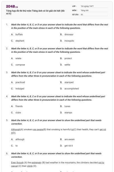 Tổng hợp đề thi thử môn Tiếng Anh có lời giải chi tiết (Đề số 6)