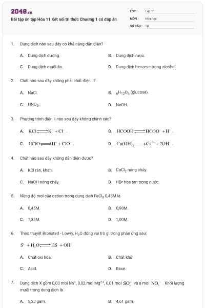 Bài tập ôn tập Hóa 11 Kết nối tri thức Chương 1 có đáp án