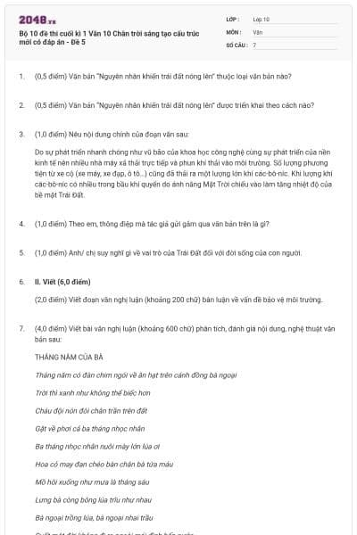 Bộ 10 đề thi cuối kì 1 Văn 10 Chân trời sáng tạo cấu trúc mới có đáp án - Đề 5