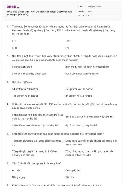 Tổng hợp đề thi thử THPTQG môn Vật lí năm 2020 cực hay có lời giải (Đề số 8)