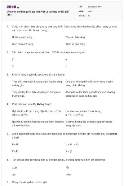 Đề luyện thi thpt quốc gia môn Vật Lý cực hay có lời giải (đề 1)