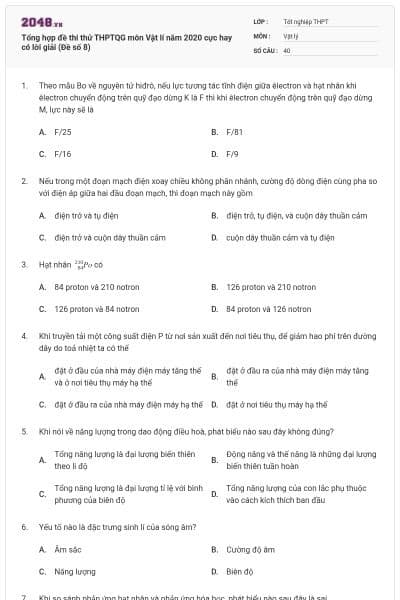 Tổng hợp đề thi thử THPTQG môn Vật lí năm 2020 cực hay có lời giải (Đề số 8)