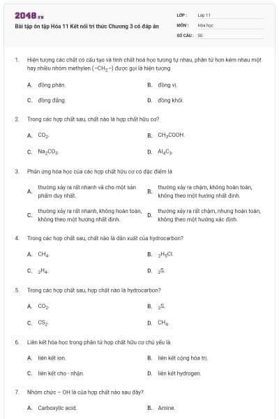 Bài tập ôn tập Hóa 11 Kết nối tri thức Chương 3 có đáp án