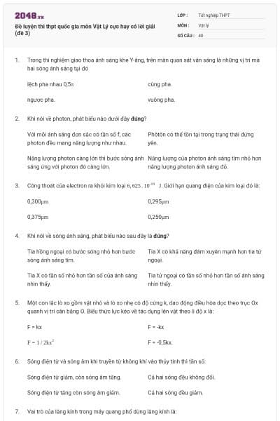 Đề luyện thi thpt quốc gia môn Vật Lý cực hay có lời giải (đề 3)
