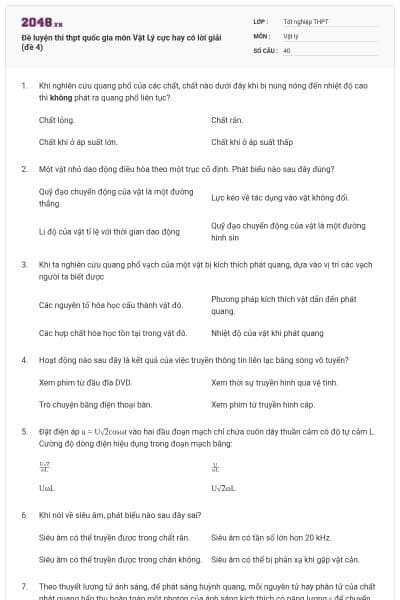 Đề luyện thi thpt quốc gia môn Vật Lý cực hay có lời giải (đề 4)